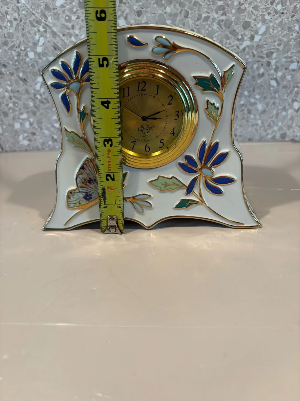 Lenox Gilded Garden porcelain desk clock feat Blue Floral & butterflies